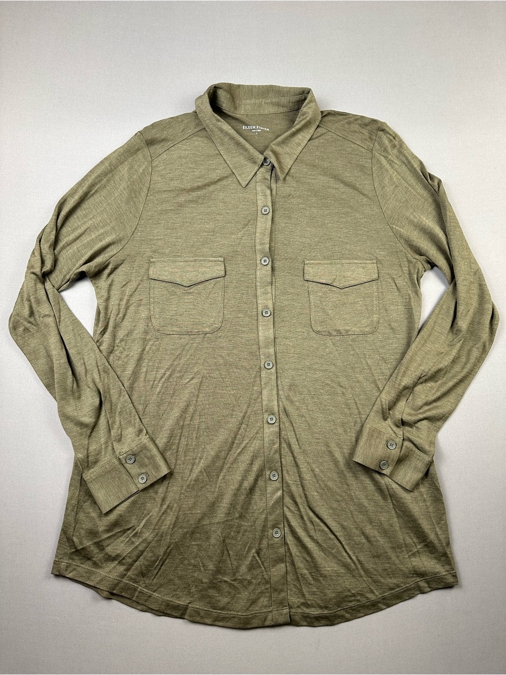 Eileen Fisher Silk Cotton Jersey Camp Style Shirt, Olive Green - Womens Large